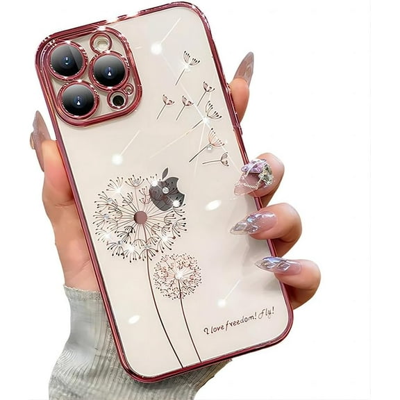 for iPhone Case,Luxury ElectroPlated Dandelion Pattern with Crystal Diamend Rhinestone Camera Lens Protection Shockproof Phone Case (Rose Gold,iPhone 11)