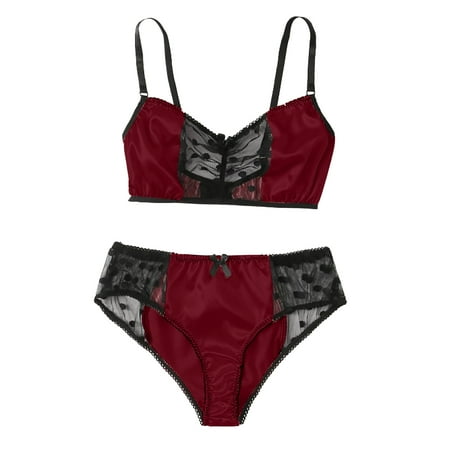 

Qcmgmg Women Sleepwear Polka Dot Pajamas Set Lace Bra Two Piece Bow Lingerie