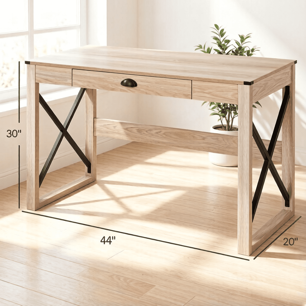 Simple Writing Computer Desk with Storage Drawer, X-Shaped Steel Frame Particleboard Work Table, Multi-Purpose Vanity Desk for Bedroom Office Study, Natural & Black Available