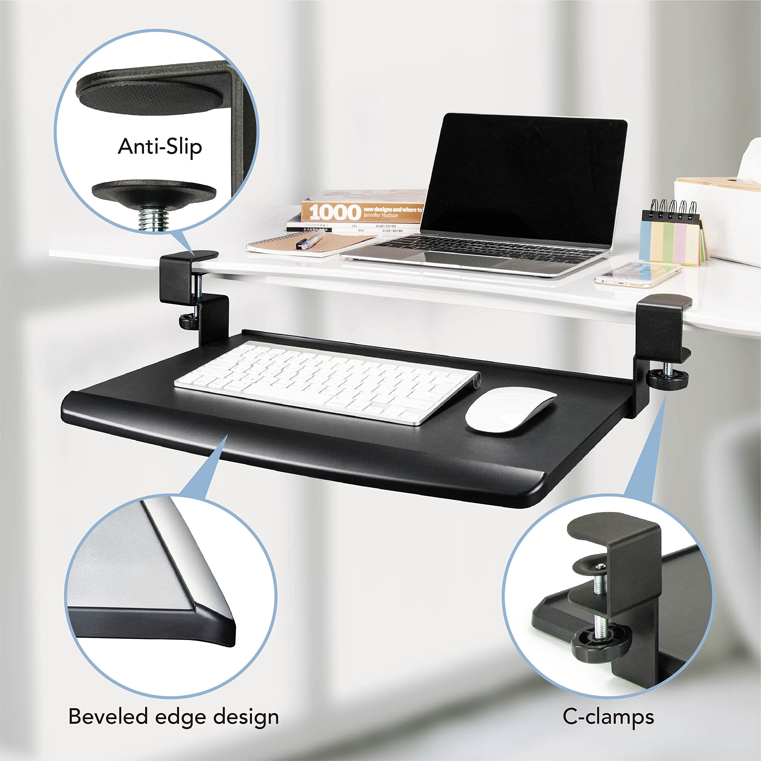 Prime Desk Clamp Tray  Under Sliding Retractable Drawer Space-saving Platform For Standard Keyboards Large 20" X 11.5" Workstation Extension