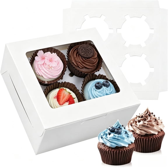 20- PCS Cupcake Boxes Bulk with Clear Display Window Hold 4 Standard Cupcakes, Disposable Food Grade White Cupcake Carrier Cupcake Container, Perfect for Cupcakes Muffins Cookies Pastries