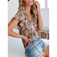 thumbnail image 4 of EVALESS Boho Blouse for Woman Floral Printed V Neck Tunic Top Casual Ruffle Short Sleeve Drawstring Shirts Khaki S, 4 of 8