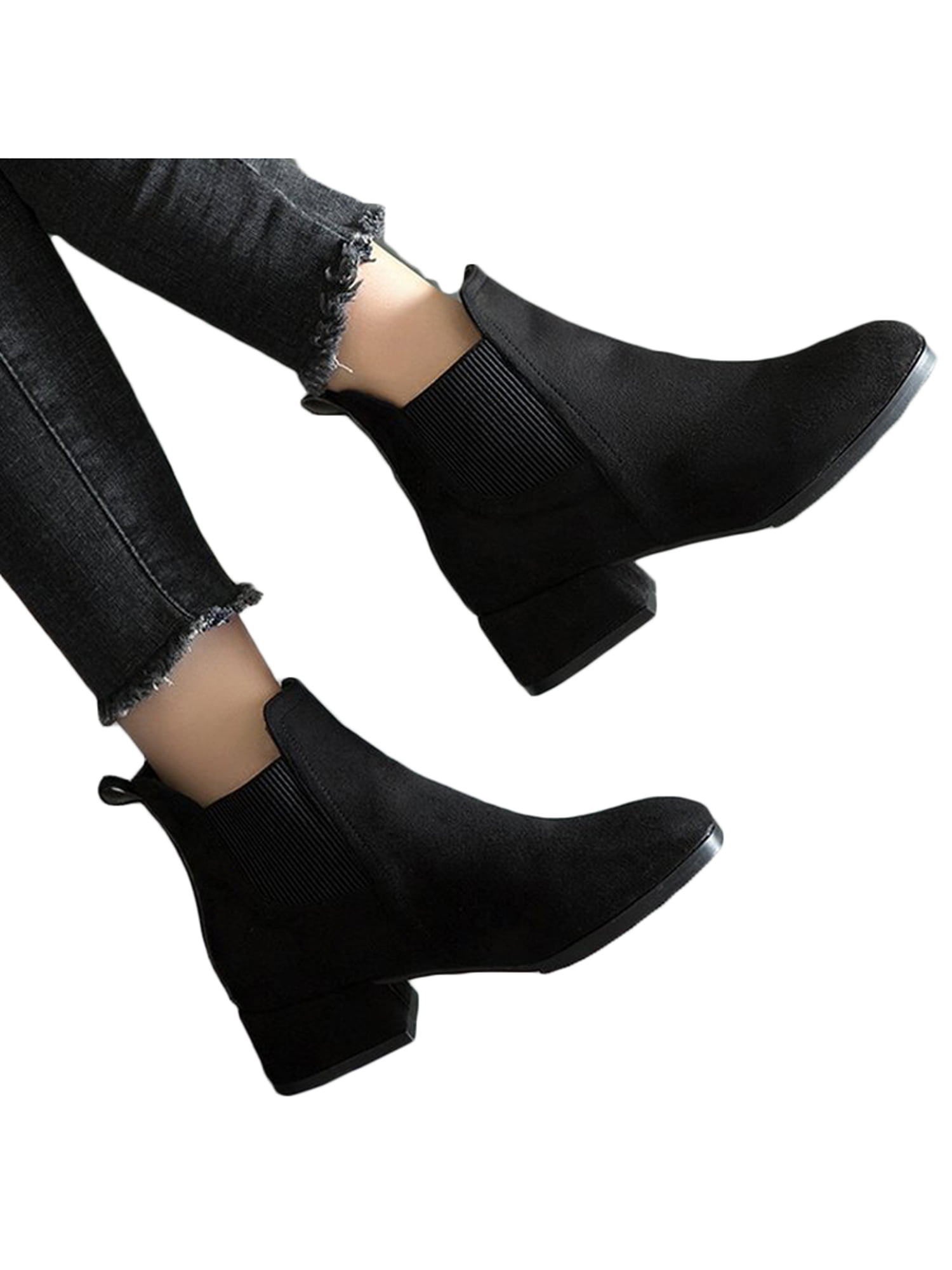 Womens Ladies Black PU Suede Zip Block Platform Ankle Chelsea Mid Heel Boots