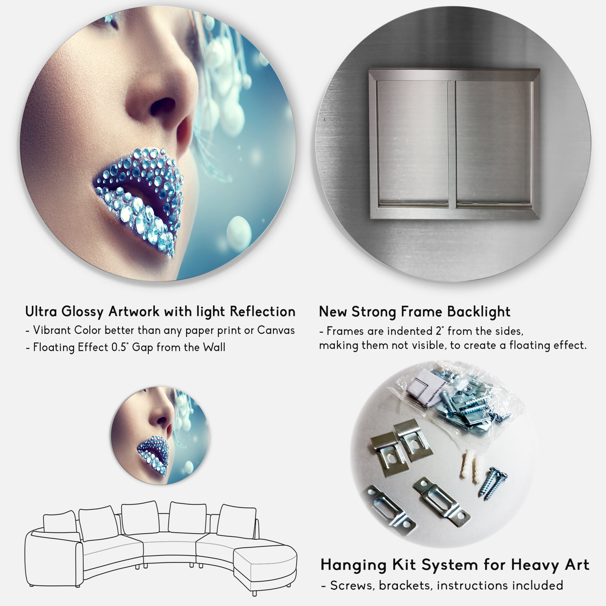 Designart 'Close-Up Of Gems On Female Lips' Modern Circle Metal Wall Art 29x29 - Disc of 29