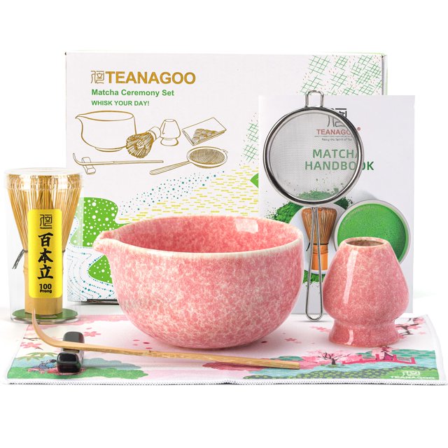 Juego de batidores para matcha TEANAGOO, cuenco de cerámica rosa, 510 ml, 7 unidades