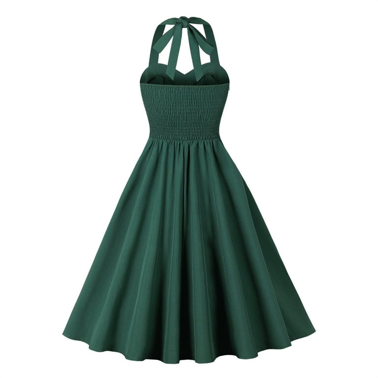 Cavosen 50s Dresses for Women Plus Size Green Vintage Retro Sleeveless Halter Neck Drawstring with Pocket A-Line Tea Length Dresses Solid Elegant