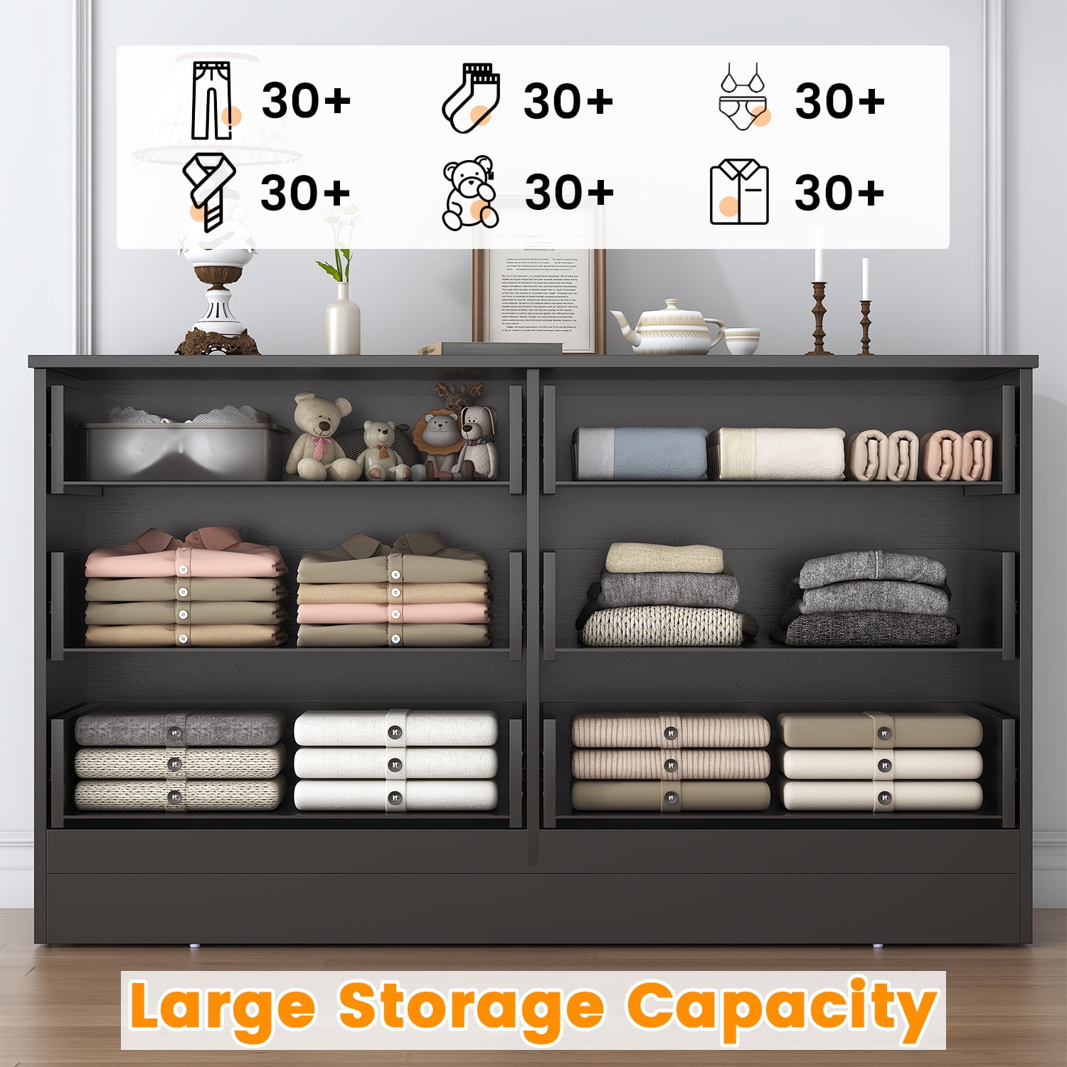Winkalon 6 Drawer Black Double Dresser,Wood Storage Cabinet with Easy Pull Out Handles for Living Room,Chest of Drawers for Bedroom