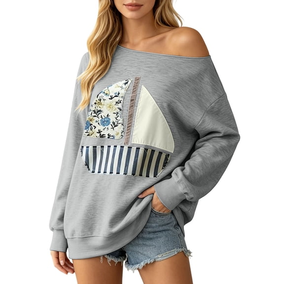 Jane Wardrobe Patchwork Sailboat Off Shoulder Sweatshirt Women's Oversized Two-Wear Long Sleeve Nautical Layering Pullover 1PC S-XXL Plus Size Friendly