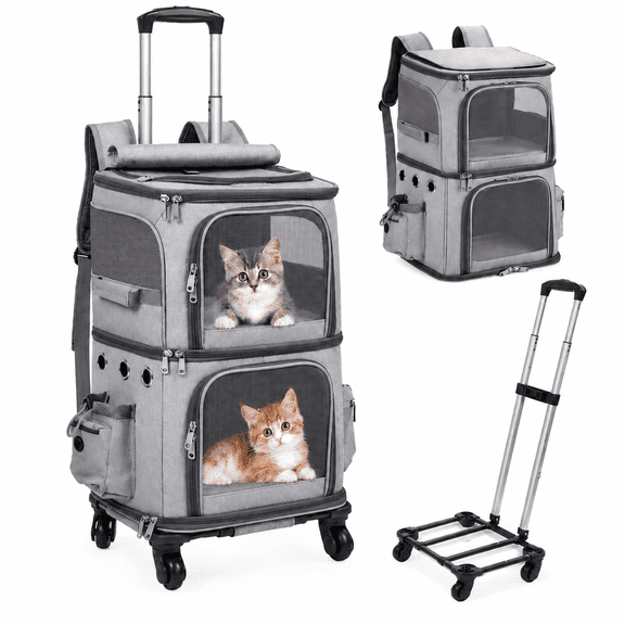 ManyFun Double Cat Backpack Carrier with Wheels Pet Carrier for Cat Small Dog Traveling Picnic Grey