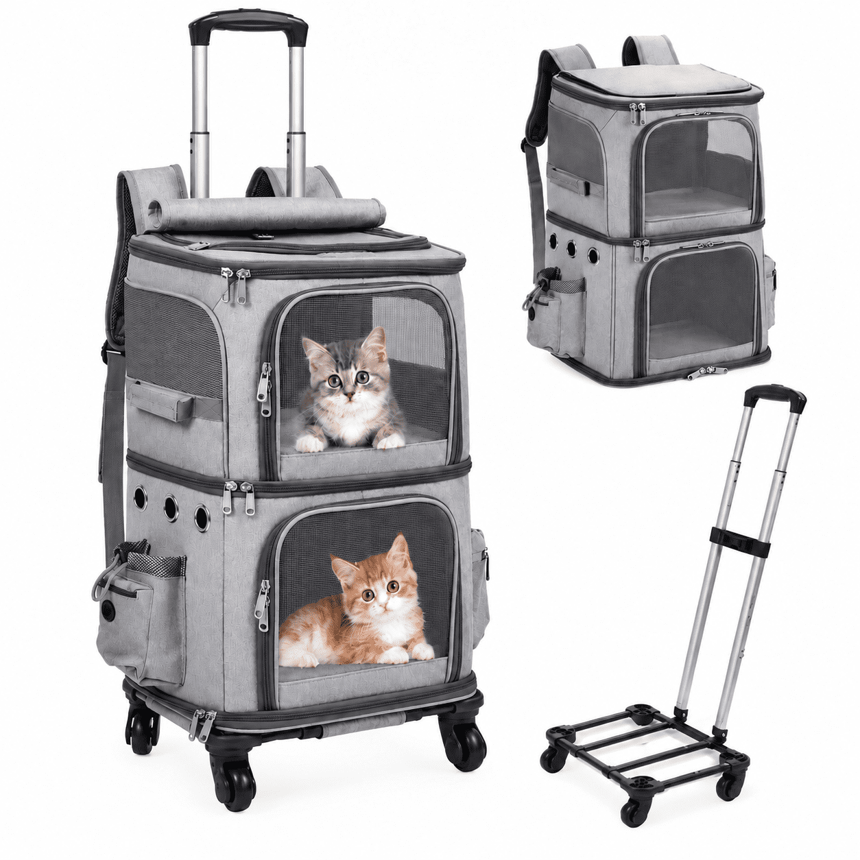 ManyFun Double Cat Backpack Carrier with Wheels Pet Carrier for Cat Small Dog Traveling Picnic Grey