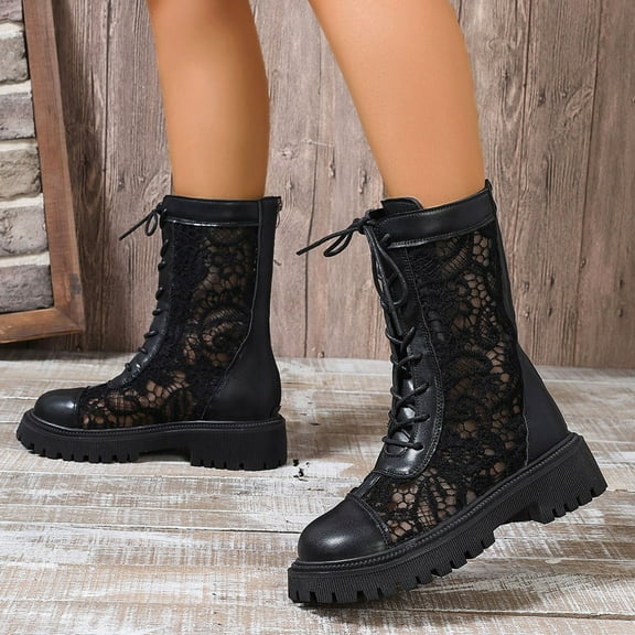 YOUSNH Ladies Casual Solid Color Mesh Lace Hollow Breathable Large Size Thick Bottom Zipper Mid Calf Boots Woman Shoes Black 7