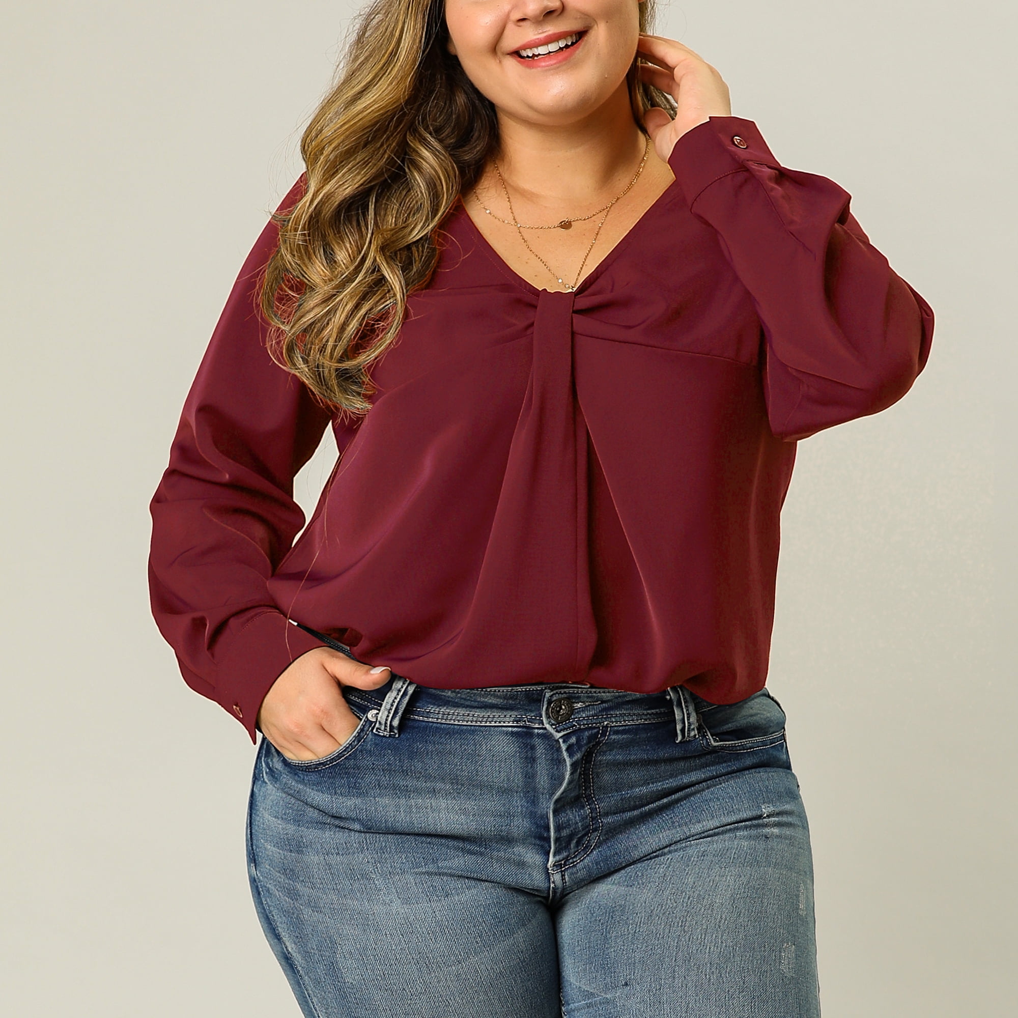 DARING DIVA Women's Plus Size V Neck Loose Long Sleeve Twist Knot Top 4X Burgundy