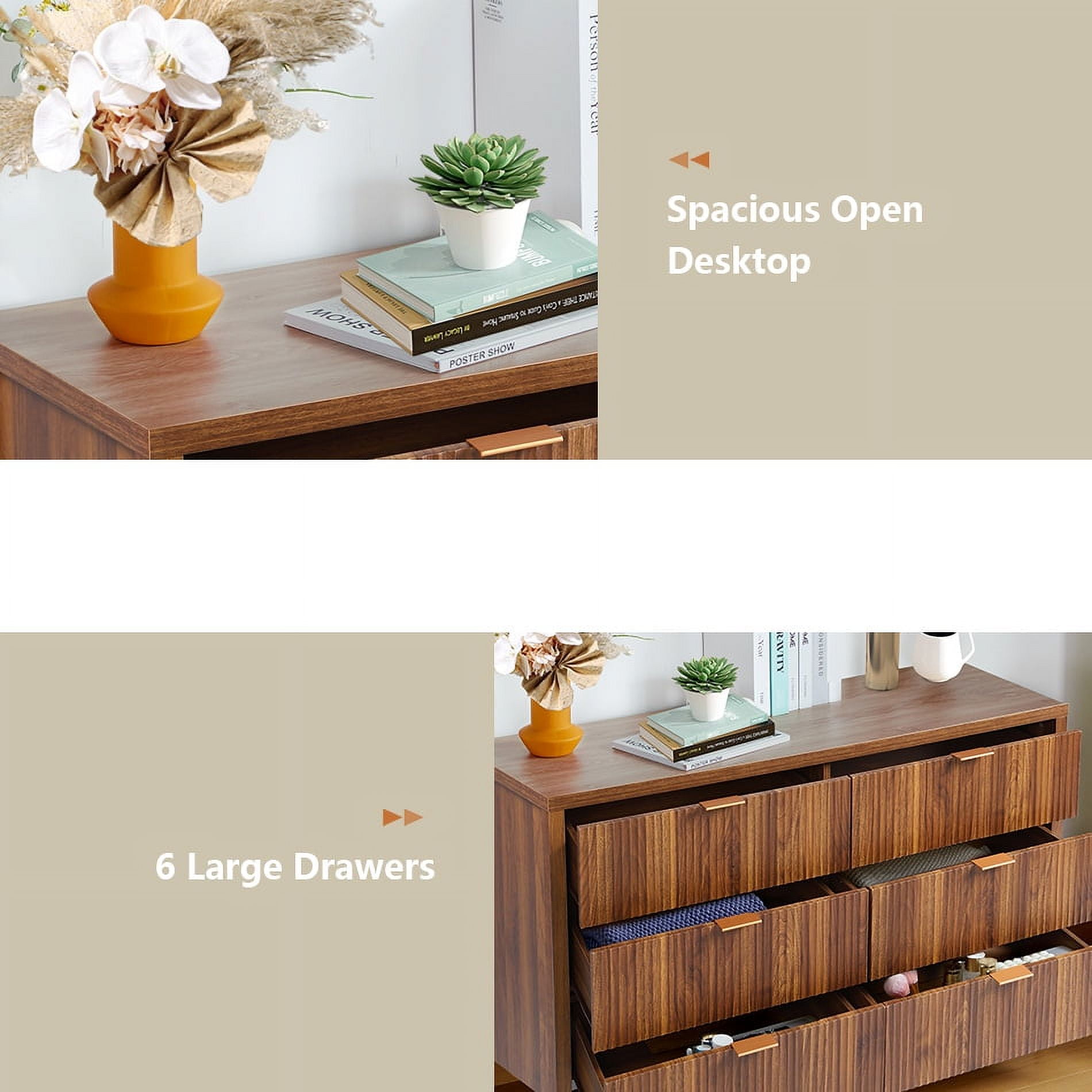 YOCWO Fluted 6 Drawer Dressers for Bedroom, 48" Wide Modern Chest of Drawer with 6 Big Drawers, Walnut
