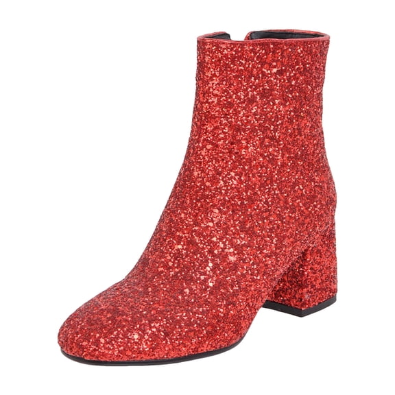 Women's Fashion Sequin Ankle Boots Square Toe Chunky Heel Mid Calf Booties Slip On Dress Boots with Side Zipper Red 8.5