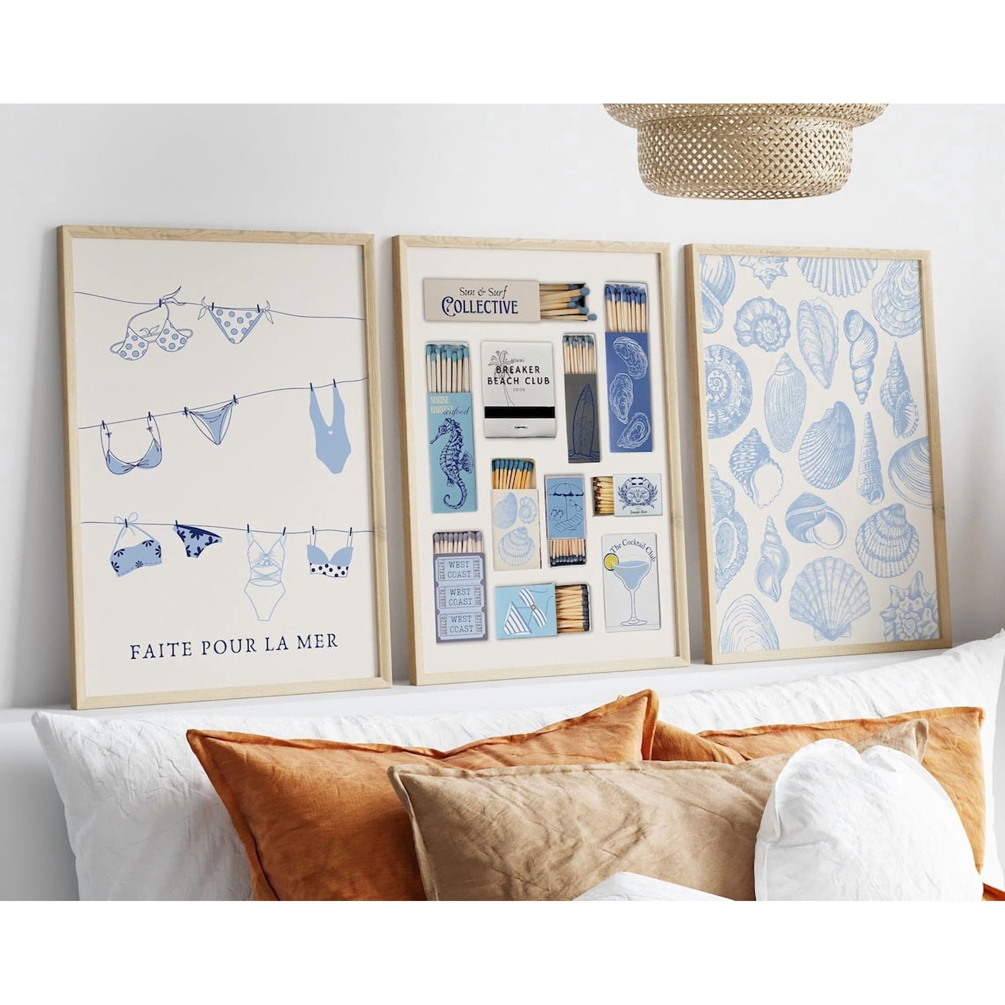 Set Of 3 Sea Shells Pastel Blue Vintage Matchbox Trendy Bikini Coastal Wall Art Prints Coastal Living Room And Gallery Wall Decor