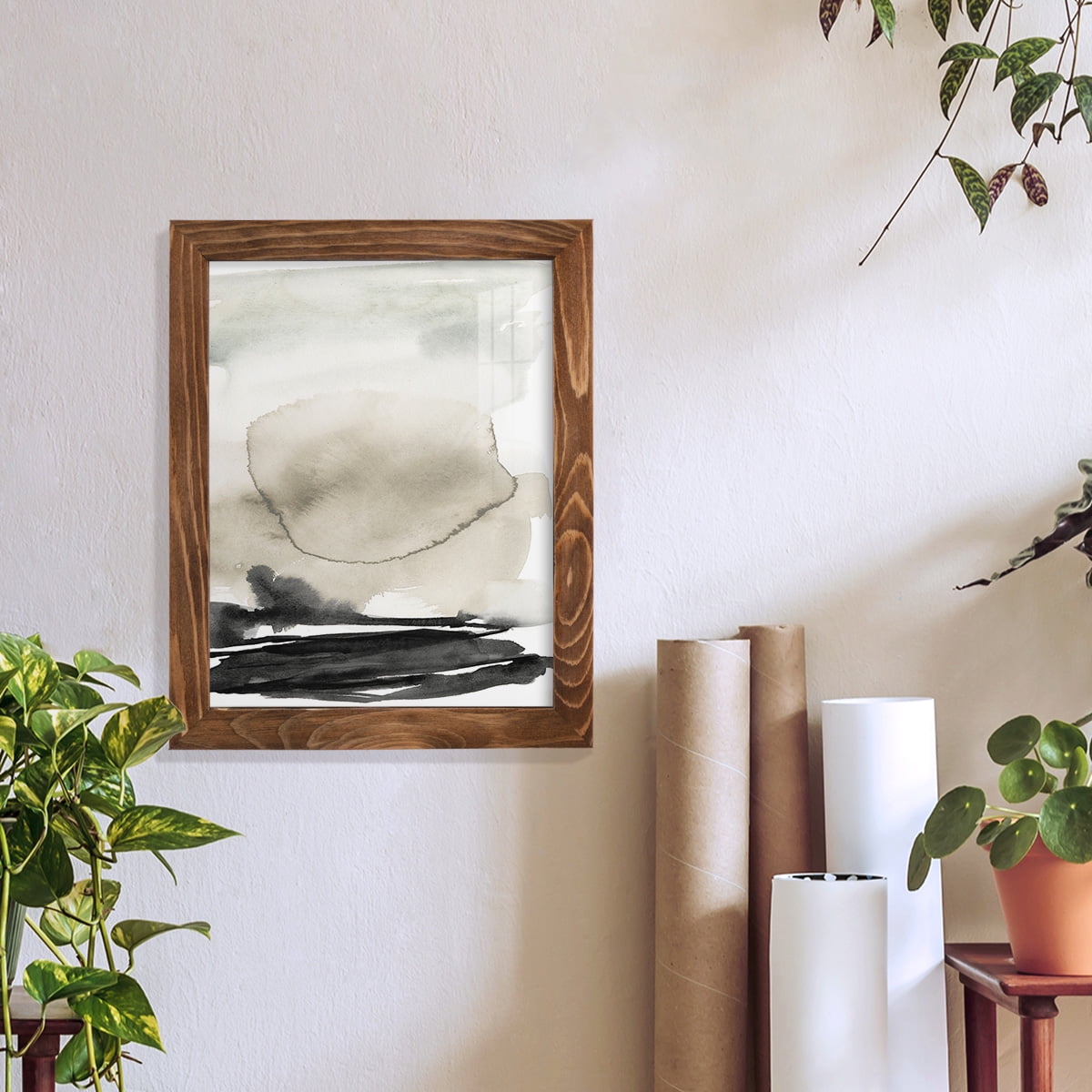 Ebony Horizon Triptych II - Framed Print w/glass - Walnut