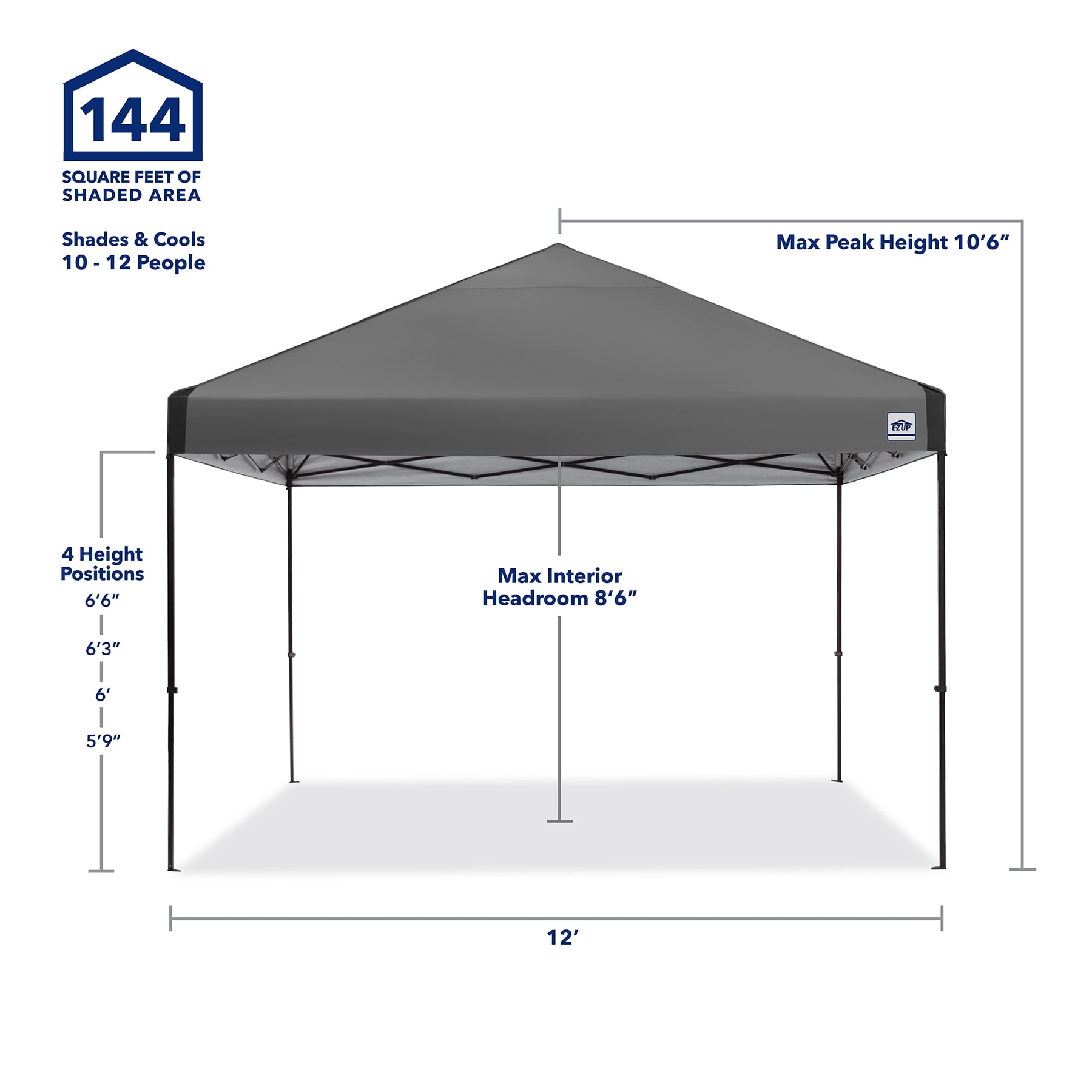 E-Z UP 12x12 Instant Canopy ONE-UP Vented Pop Up Tent, 144 Sq Ft Large Outdoor Shade Shelter with Roller Bag, Gray