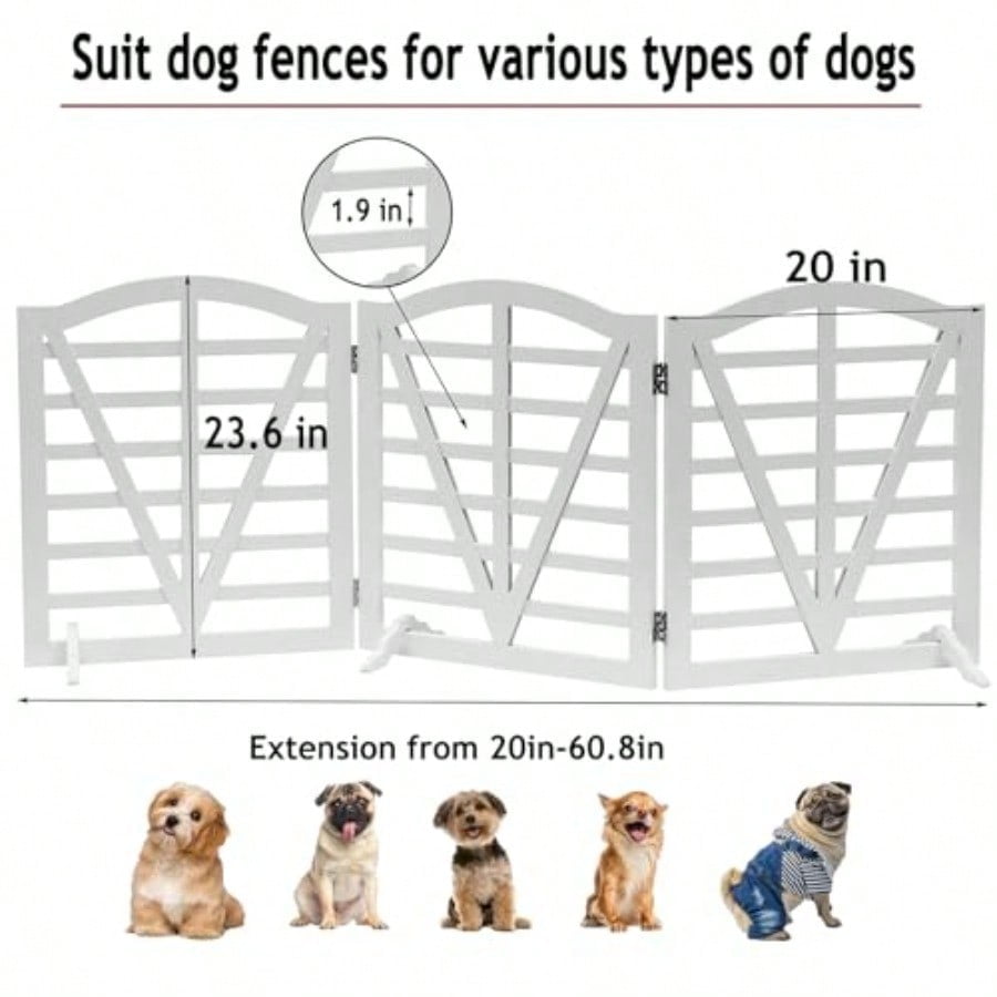 Wooden Dog Gate Freestanding Pet Gate Foldable Pet Gate for Dogs,Indoor Dog Fences with 3Foot Supportershite,3Pane 23.6" Height-White.