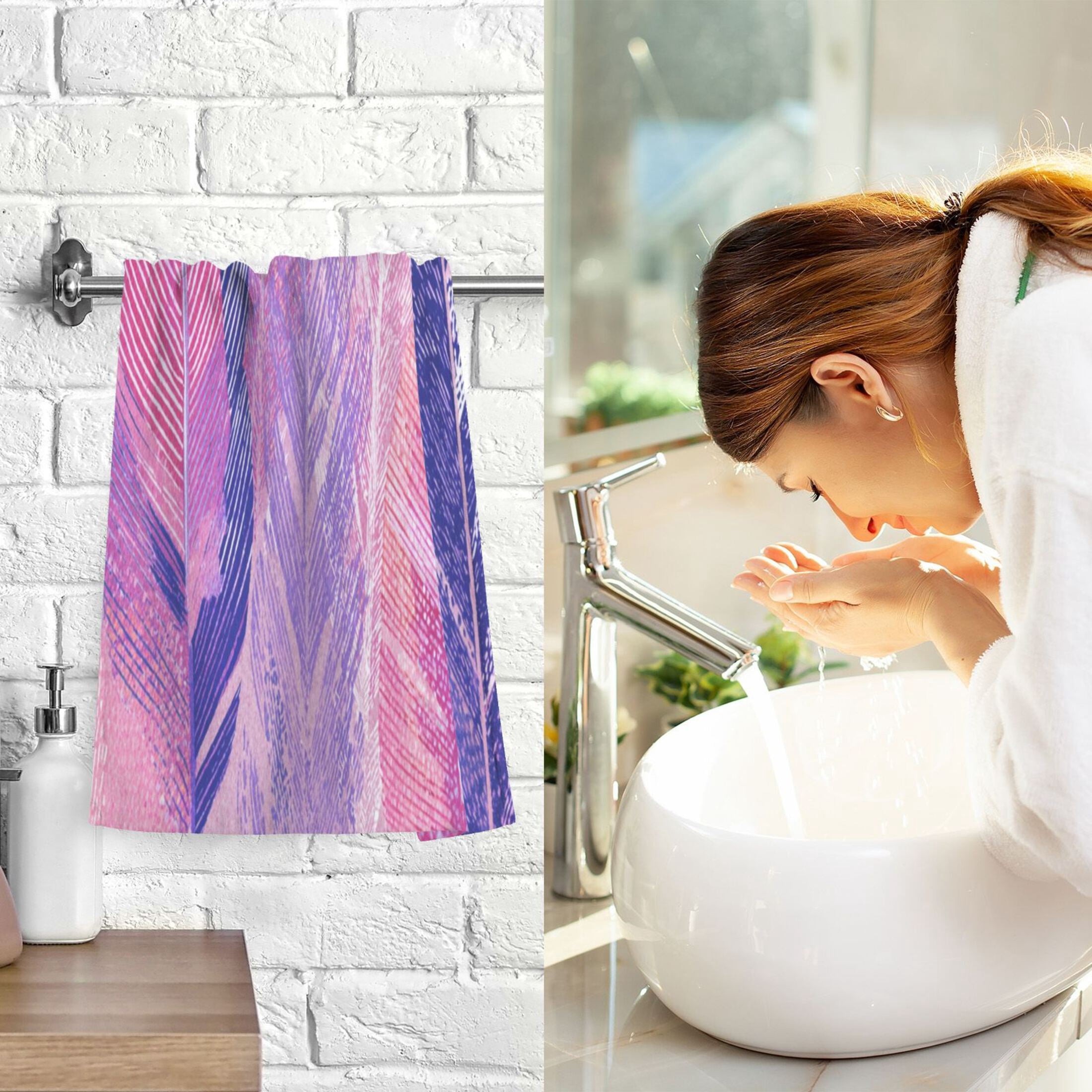 2 Pieces of Cotton Towel Face Towel Set Hand Towel Bath Towel Cotton Bath Towel Sets Magenta Plume Watercolor Strokes