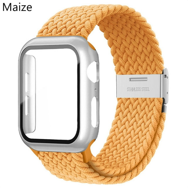 LEIXIUER Nylon Band for Apple Watch Bands with Case 45mm 41mm, Adjustable Braided Solo Loop with Glass Screen Protector Case ,Soft Wristband Stretch Nylon Elastic Strap for Apple Watch Series 7 45 mm