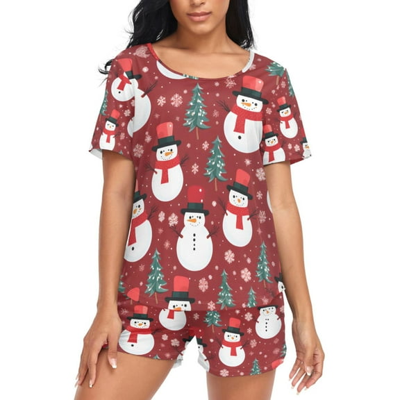 joogoo Women's Pajama Set Christmas Trees and Snowman Short Sleepwear Loungewear with Pockets M