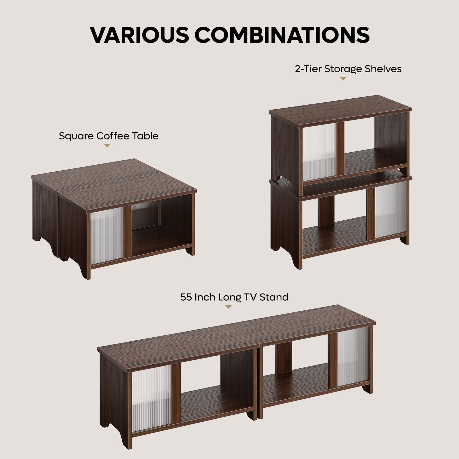 Pinmoco LED TV Stand for TVs up to 65'', Expandable Side by Side or Stacking TV Stand with Storage, Rustic