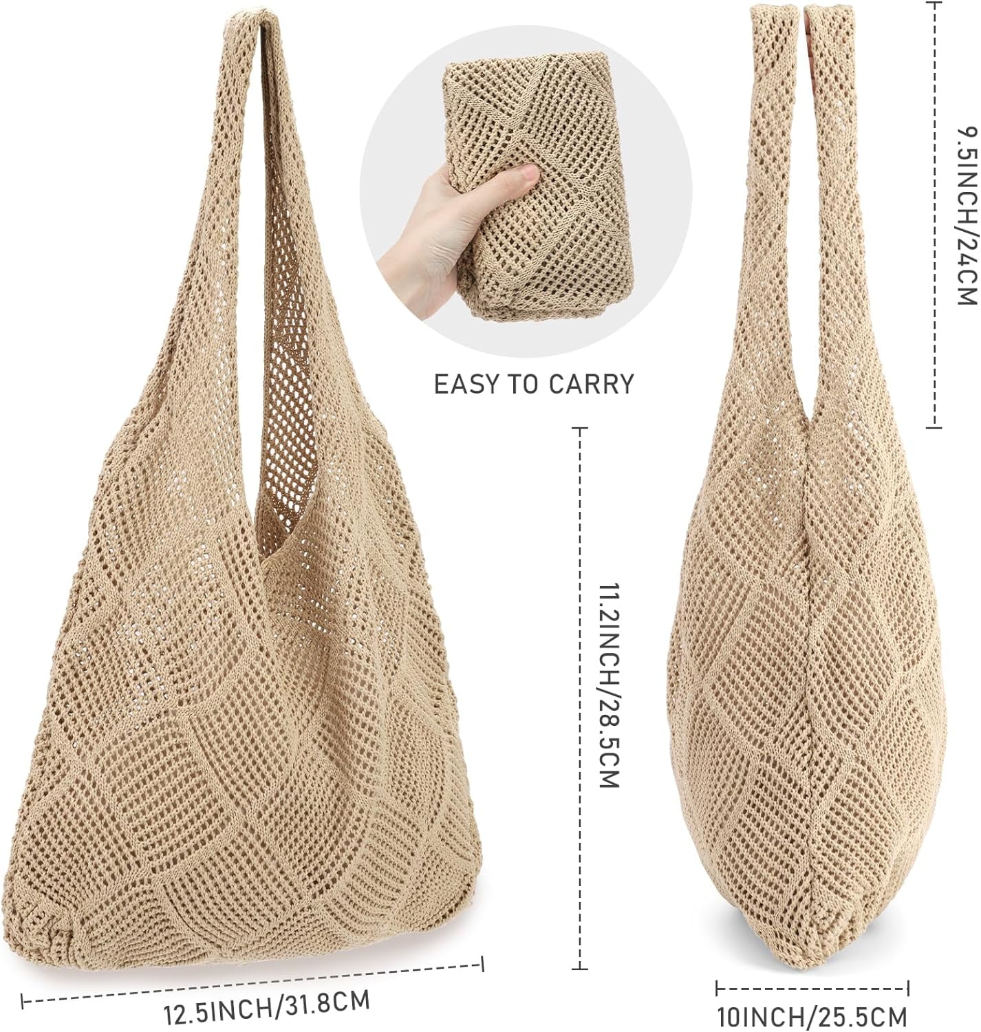 Crochet Bag for Women, Crochet Tote Summer Bag Mesh Large Shoulder Bag (Khaki 14 x 10 x 26.5in)