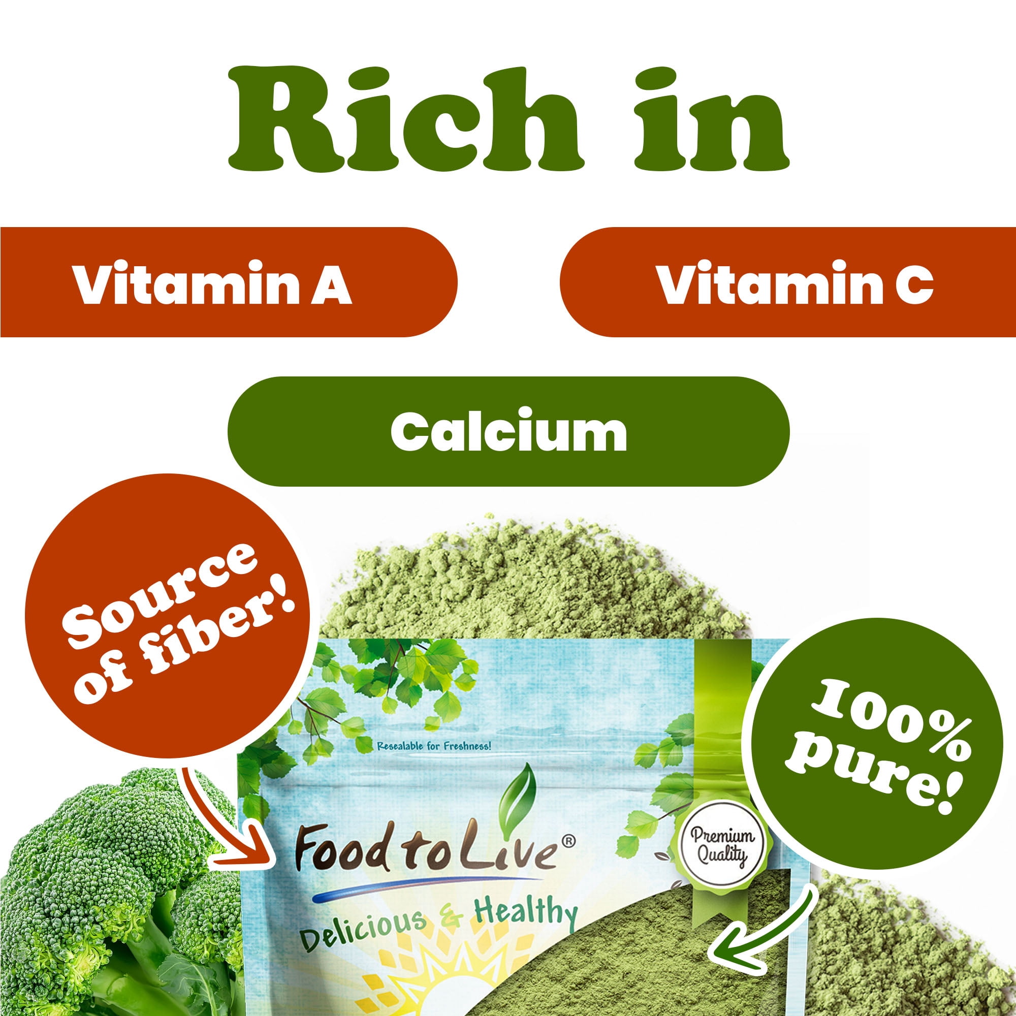 Broccoli Powder, 5 Pounds – Nutrient-Rich Green Superfood for Smoothies, Shakes and Cooking, High in Fiber, Vitamins and Antioxidants, Vegan, Kosher, Bulk - by Food to Live
