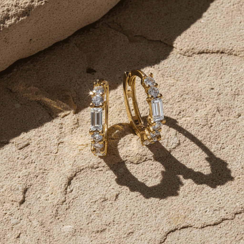 Vinali 14K Yellow Gold CZ Huggie Hoop Earrings, Round and Baguette Cut