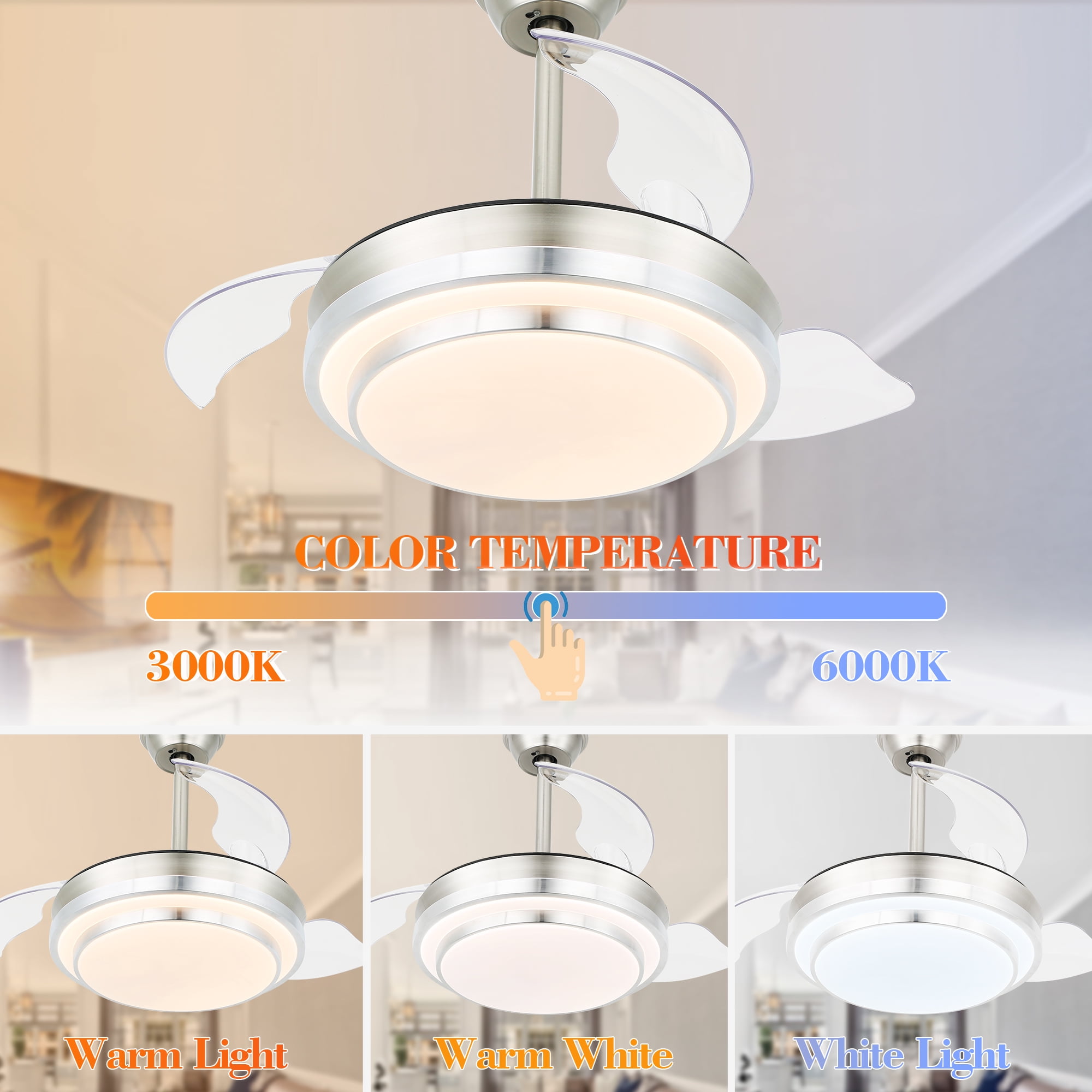 36" Retractable Ceiling Fan With Remote Control and Light Kit, Silver Modern Reversible Ceiling Fan