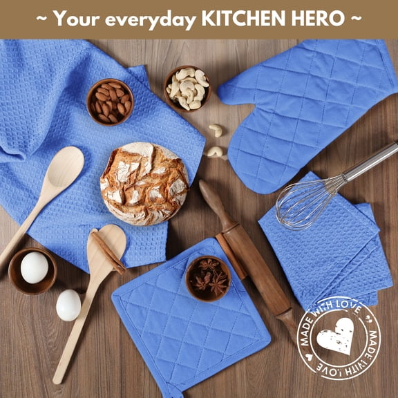 Native Fab 100% Cotton Kitchen Linen Set of 10, Towels and Dishcloths, Heat Resistant Oven Mitts and Potholders, Super Absorbent & Machine Washable, Sky Blue