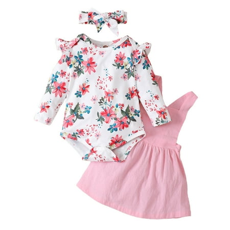 

KIMI BEAR Romper Outfits For Infant Baby Girls 18 Months Girls Fall Winter Clothing Set Floral Print Long Sleeve Jumpsuit Suspender Dress Headband 3PCs Set 18-24 Months Pink
