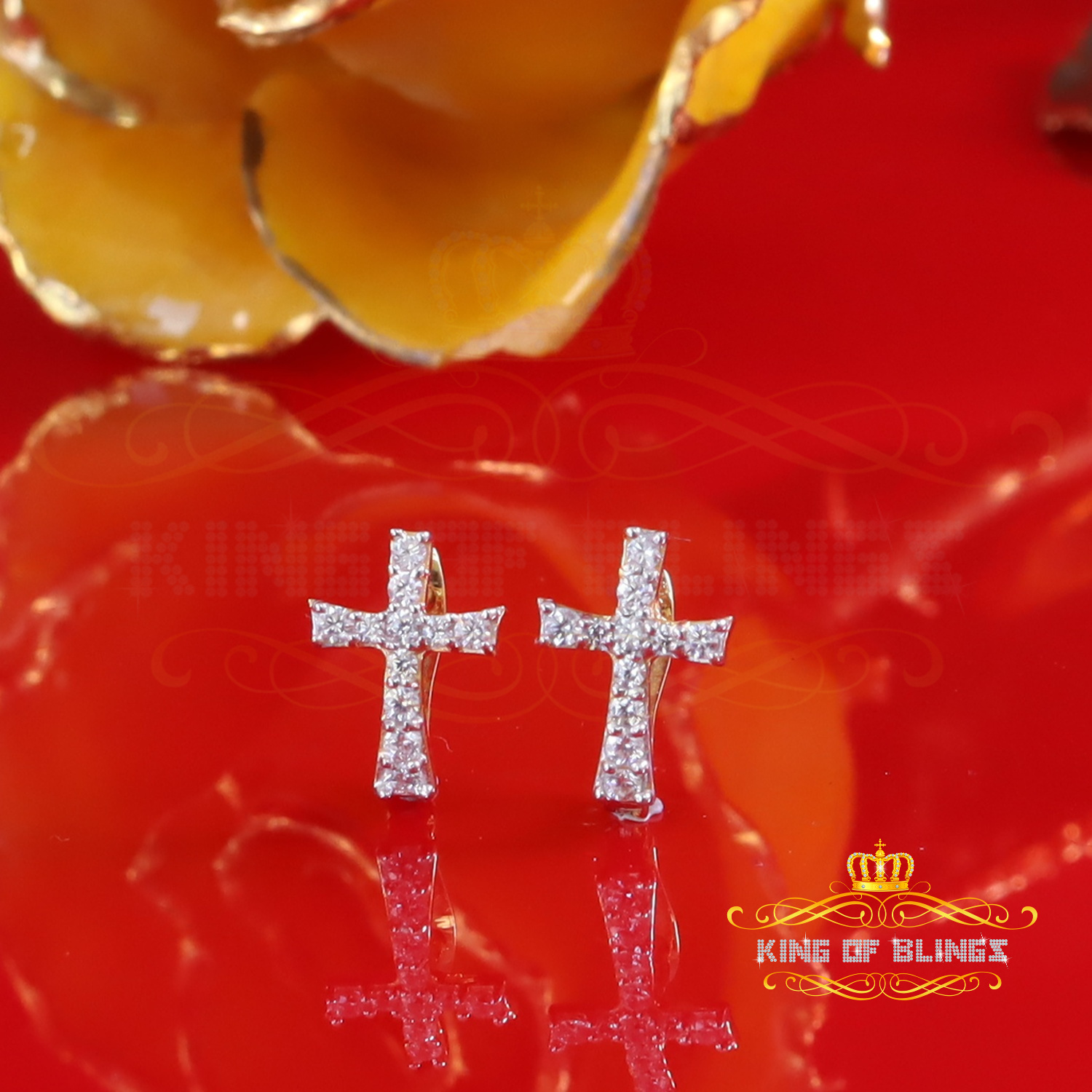 King of Bling's Moissanite 925 Silver Round Yellow Hip Hop Cross Stud Earring Men's/Women's