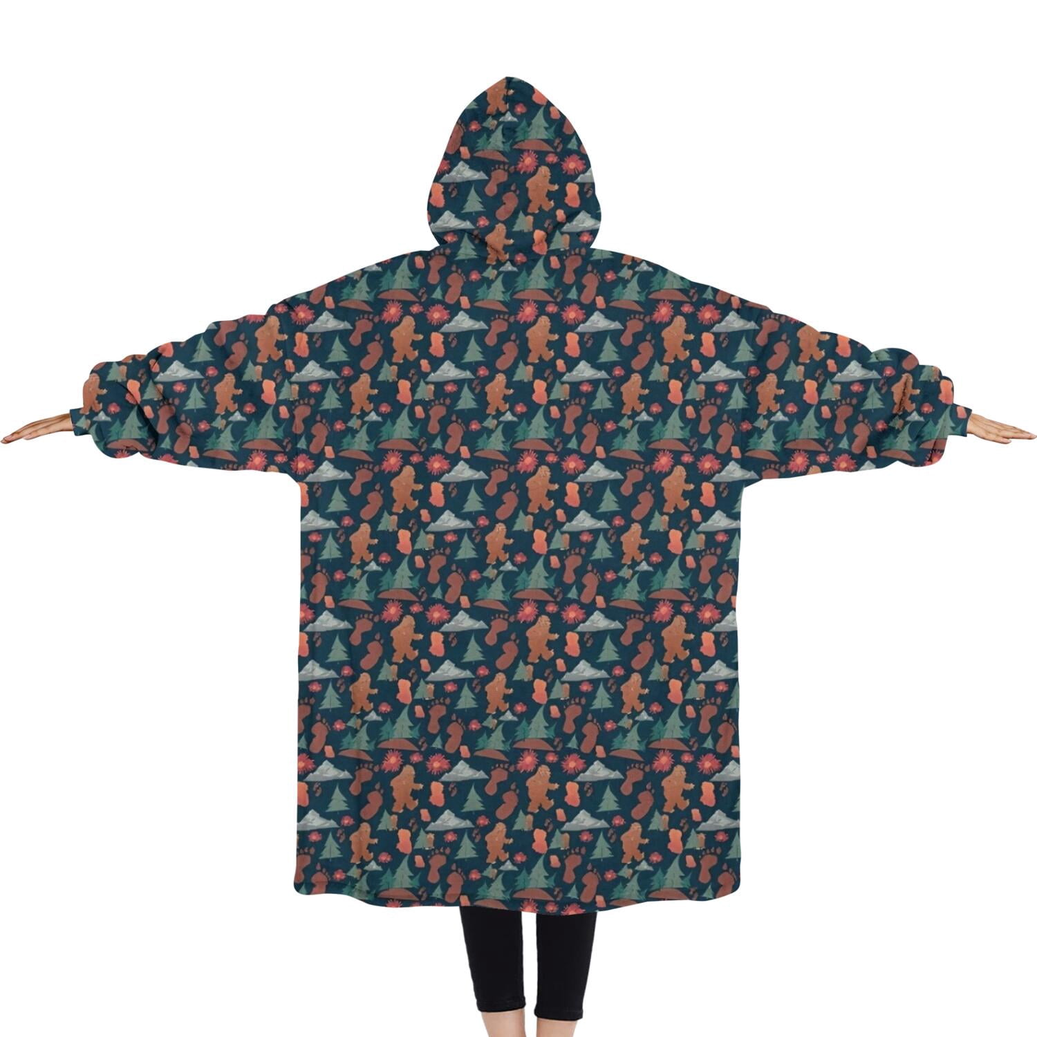 Oversized Wearable Blanket Hoodie,Dark Blue Bigfoot and Tree Pattern Sherpa Blanket Hoodie with Super Pockets,Super Warm Fuzzy Pullover for Women & Men