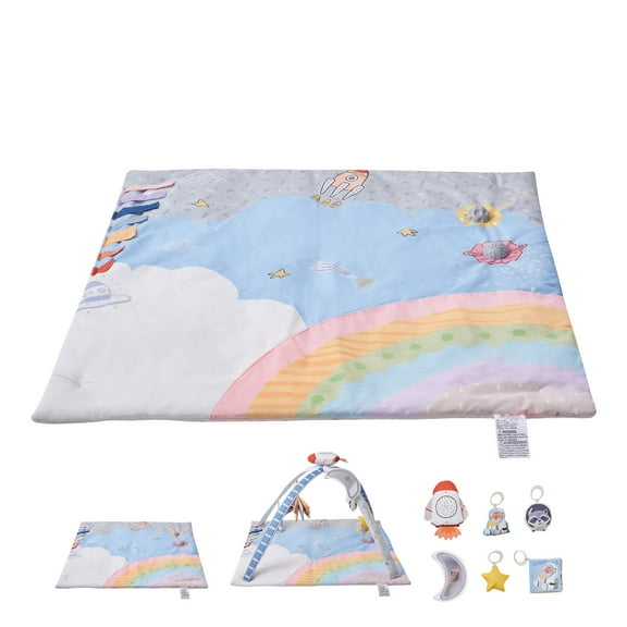 KFFKFF Baby Play Gym Mat with Sensory Toys, Tummy Time Activity Mat Featuring Light-Up Musical Rocket Toy, Ideal for Newborns and Infants Aged 0-18 Months, Supports Sensory and Motor Skill Growth