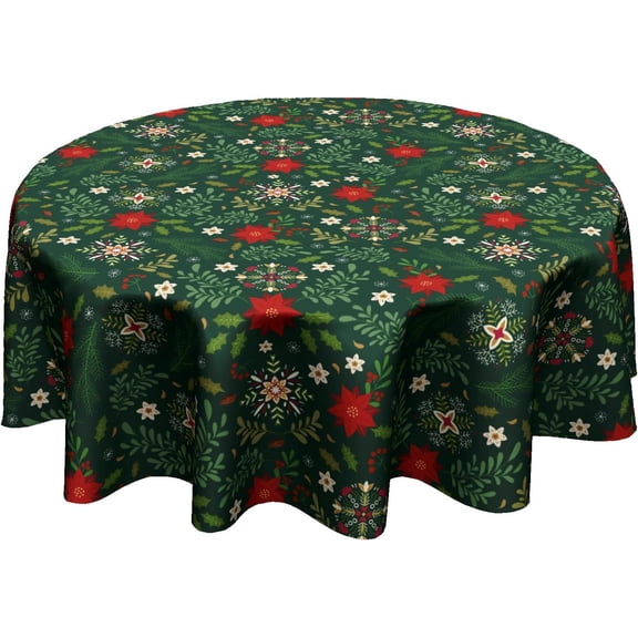 Xmas Table Cloth Round - Snowflake Tablecloth Winter Poinsettia Floral Table Cover for Dining Kitchen Picnic Party Decor 60 Inch