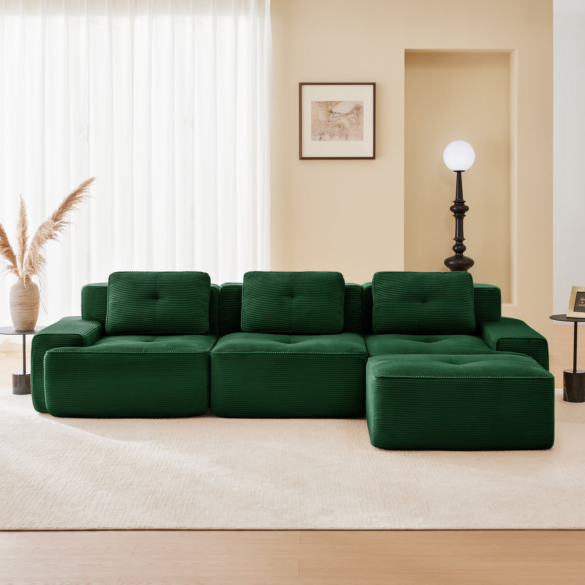 Yoneston 117" L-Shaped Modular Sectional Sofa 3 Seater Couch with Cushions and Ottoman, No Assembly Corduroy Sofa with Deep Seating for Living Room Bedroom Apartment, Green
