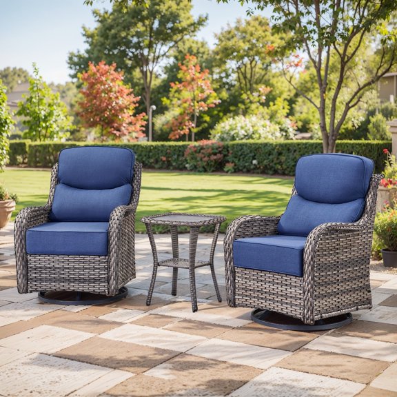 Planntonneo 3-Piece Patio Furniture Set - Wicker Swivel Glider Chairs with 6-Inch High-Resilience Cushions and Side Table, Grey/Blue