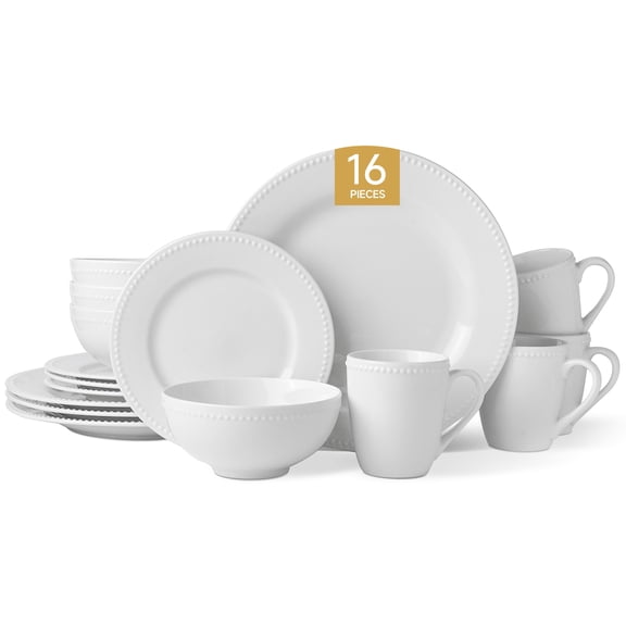 KINGSTONE 16‑Piece White Porcelain Dinnerware Set, Beaded Embossed Rim, Service for 4, Plates Bowls and Mugs, Microwave & Dishwasher Safe