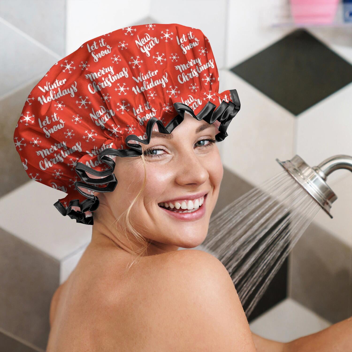 Shower Caps,Red Christmas Text and Snowflake Pattern Waterproof Shower Cap for Women 4 Pieces,Double Reusable Hair Cover for Shower PEVA Elastic Stretch Hem