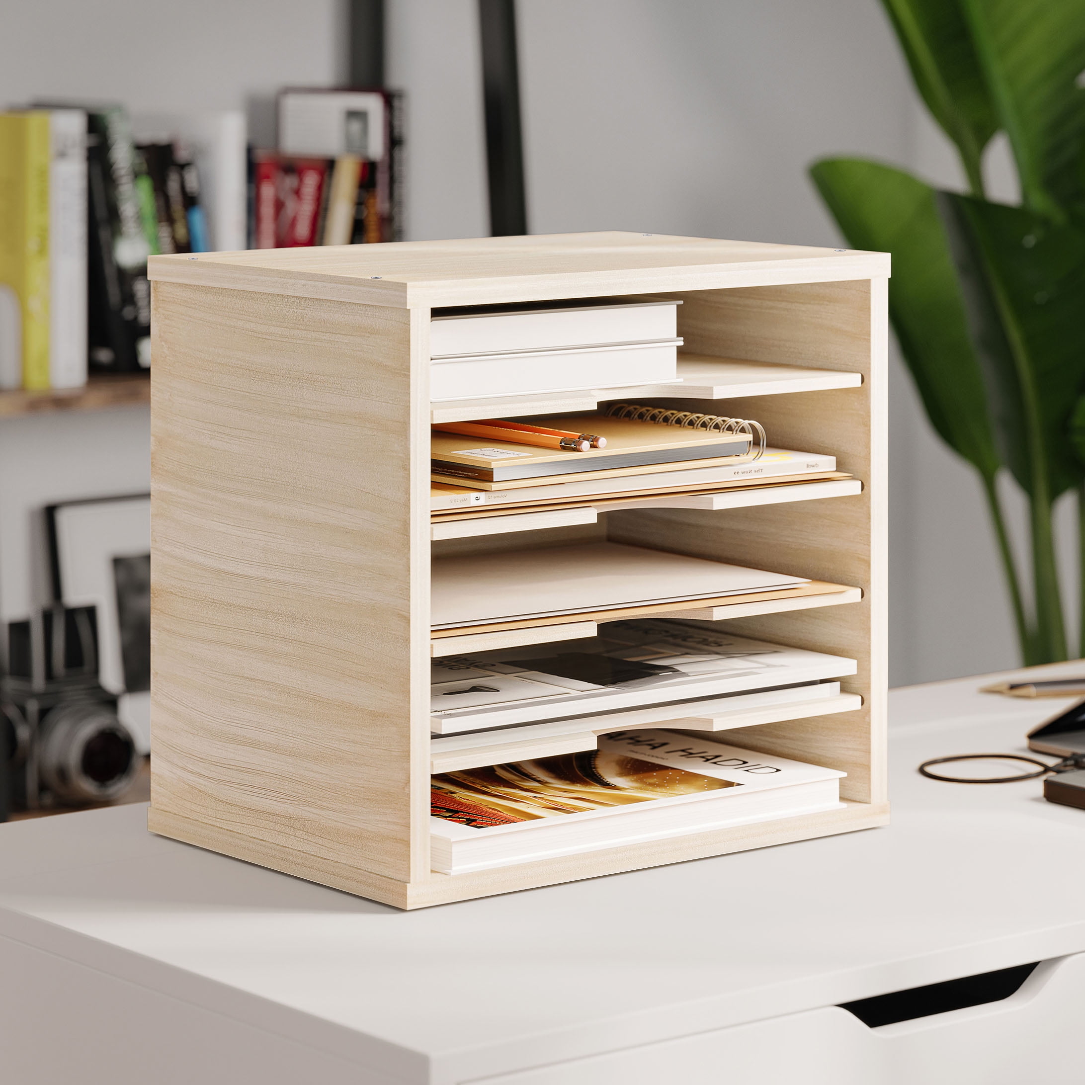 Ballucci 5-Tier Paper Organizer, File Holder, Mail Sorter, Wood Stackable Letter Tray, Brushed Wood