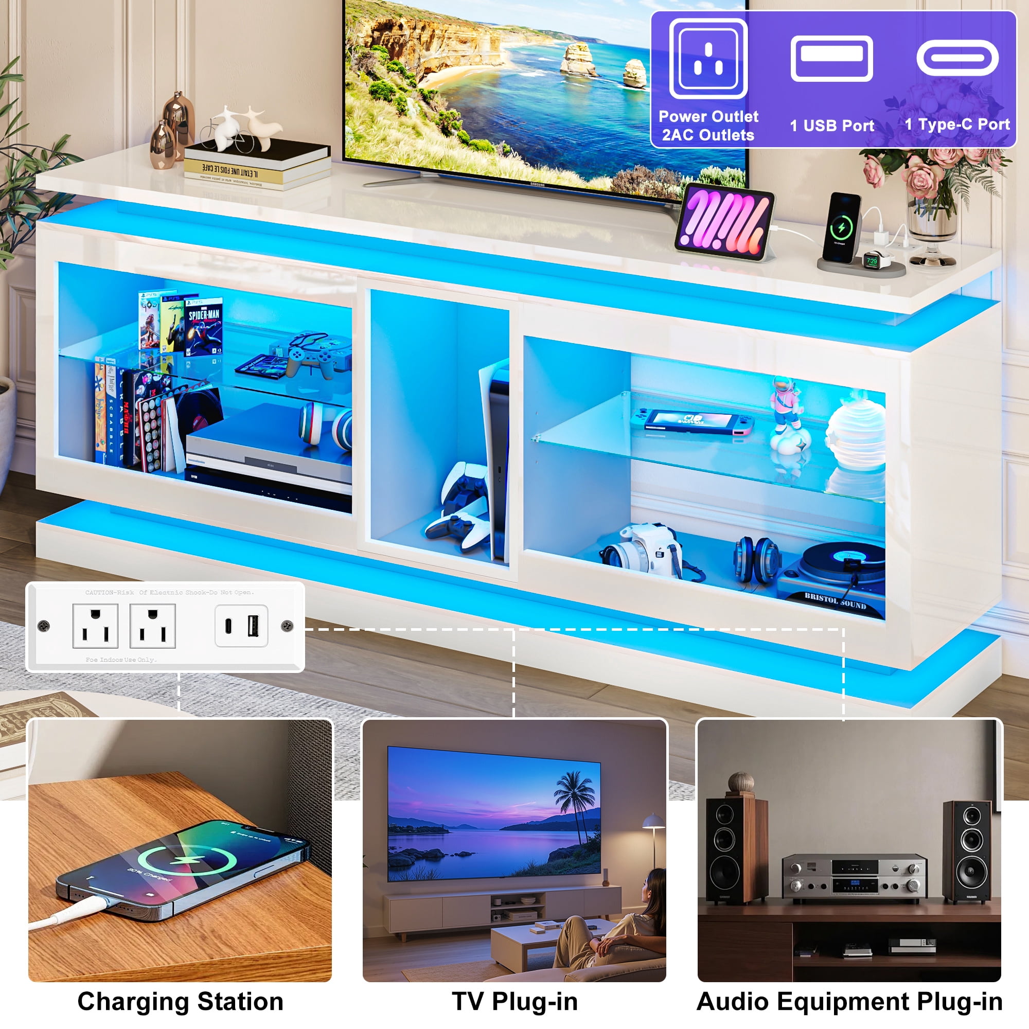 ChVans 80 Inch LED TV Stand with Charging Station,Modern Entertainment Center High Gloss Large TV Stand with Adjustable Shelves,Gaming TV Console for 80/85/90 Inch TVs,White