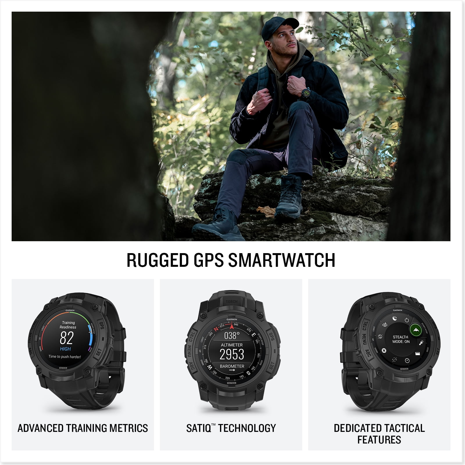 Garmin Instinct 3 Tactical Edition AMOLED 50mm Display, Rugged Outdoor GPS Smartwatch Bundle With USB Wall Charger + Microfiber Cleaning Cloth + More