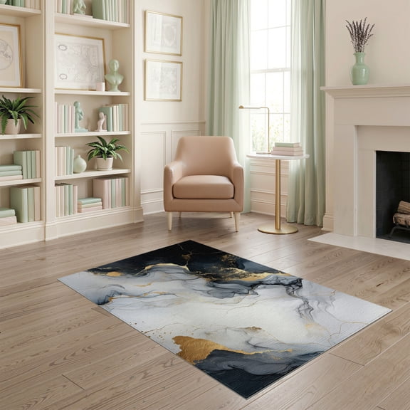 ODIKA 4'x6' Washable Area Rug Stain Resistant, Low Pile, Easy Care Rugblack Abstract Swirl Veining Smalltan Rugsgold Vases Yellow for Dorm Room, Small Living