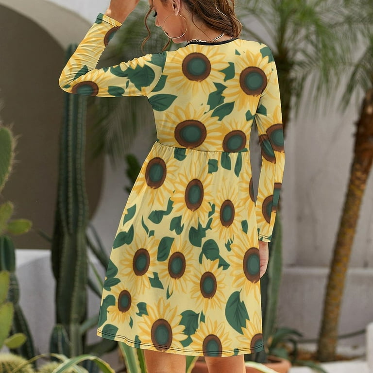 JINGDS Radiant Sunflower Fields 1790 Women s Long Sleeve Swing Dress Knee Length Casual Fall Dress with Pockets Walmart