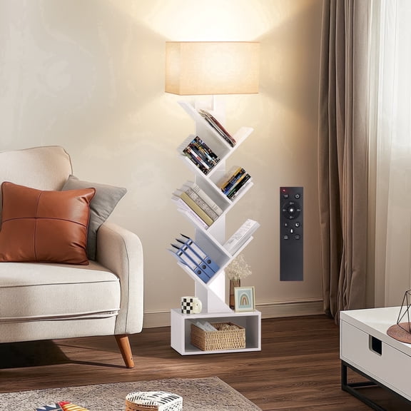 OUTONLIFE Floor Lamp with Remote, Tree Bookshelf with Light, 7-Tier Coner Bookcase with Drawer for Living Room Bedroom, Office, White