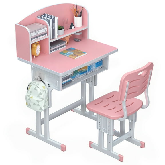 Fogcroll 2PCS Kids Desk and Chair Set Children School Study Table Chair Set with Storage Drawer Backpack Hooks,Height Adjustable Multifunctional Ergonomic Desk Chair with Book Stand,Partition Design