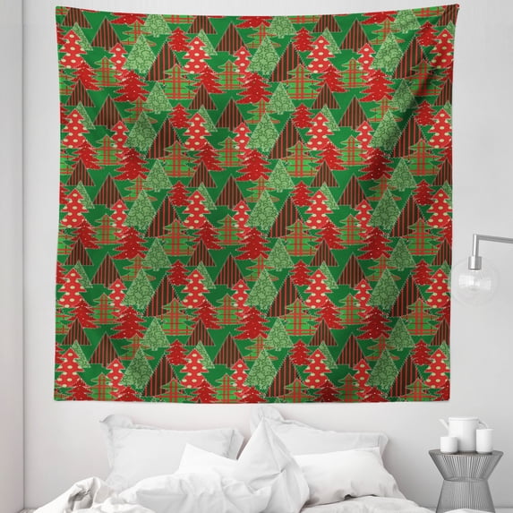 Christmas Tapestry, Abstract Pines with Swirls Dots Lines Design Patchwork Style Print, Fabric Wall Hanging Decor for Bedroom Living Room Dorm, 5 Sizes, Dark Coral Dark Green, by Ambesonne
