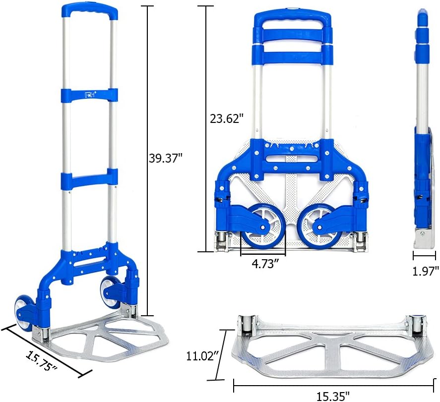 Portable Folding Hand Truck Dolly Cart, 165 lb Capacity Aluminum Collapsible Luggage Cart with Telescoping Handle, Lightweight Foldable Trolley for Travel, Moving, Shopping, Office, Home Use, Blue