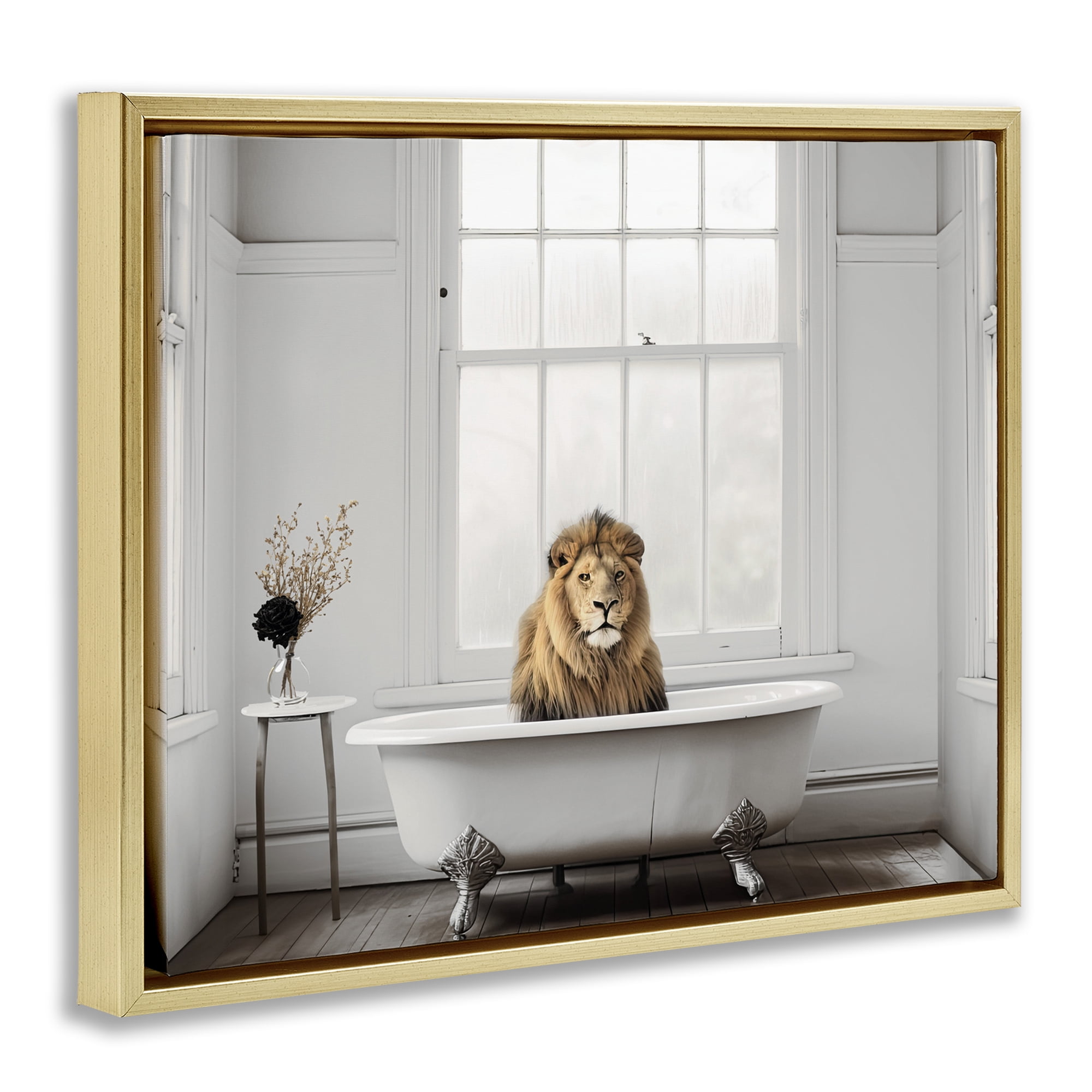 Minimalist Lion Bathtime Gold Framed Floater Canvas Wall Art, design by Sasha